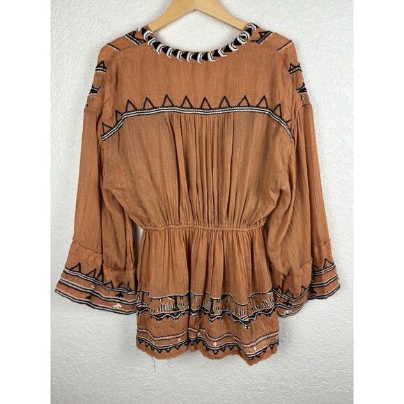 Free People Aztec Print Romper Size XS Brown Boho Festival Hippie Plunge Neck - Picture 9 of 12